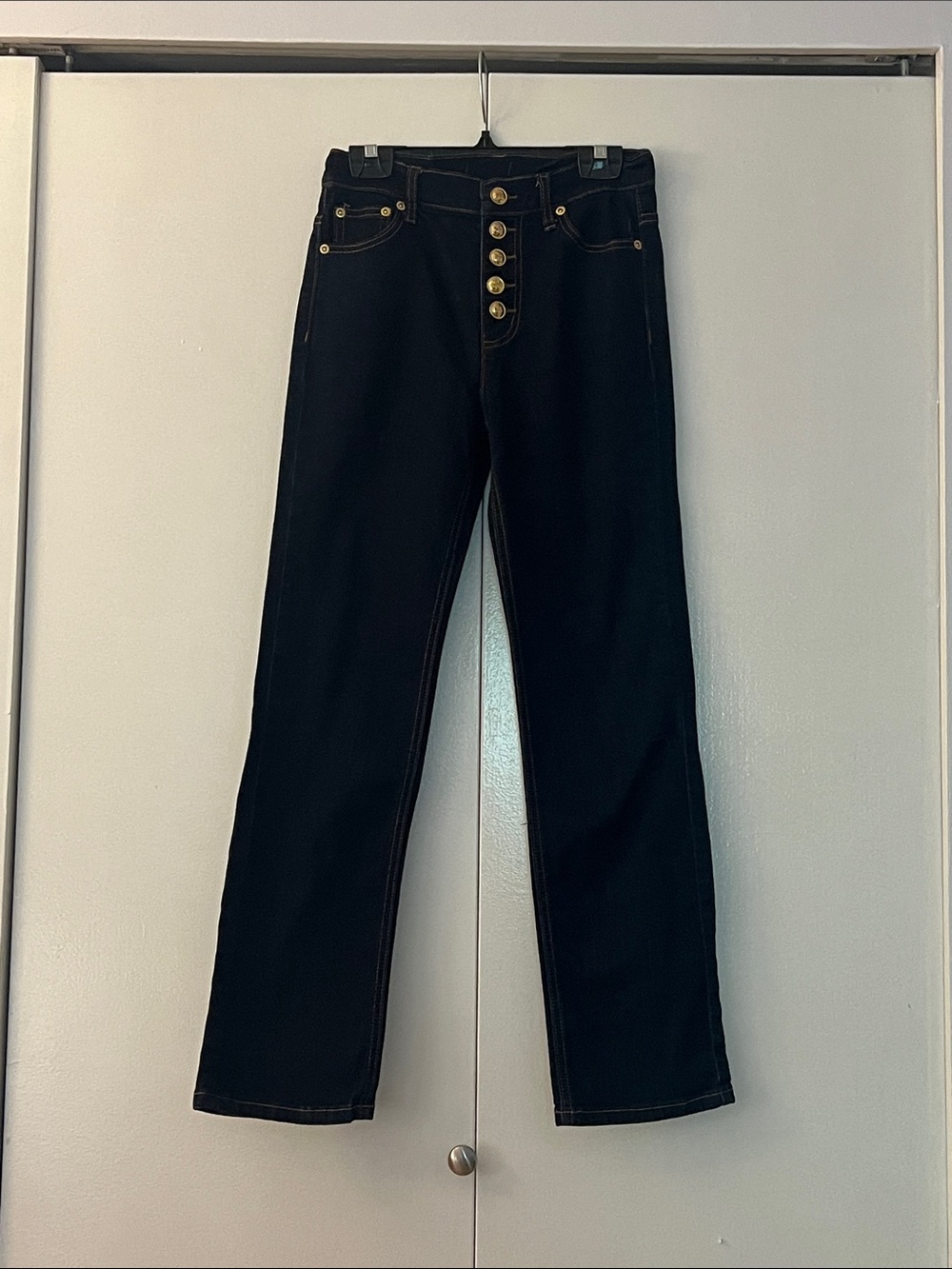 Tory Burch Black Straight-Leg Jeans with Gold Buttons